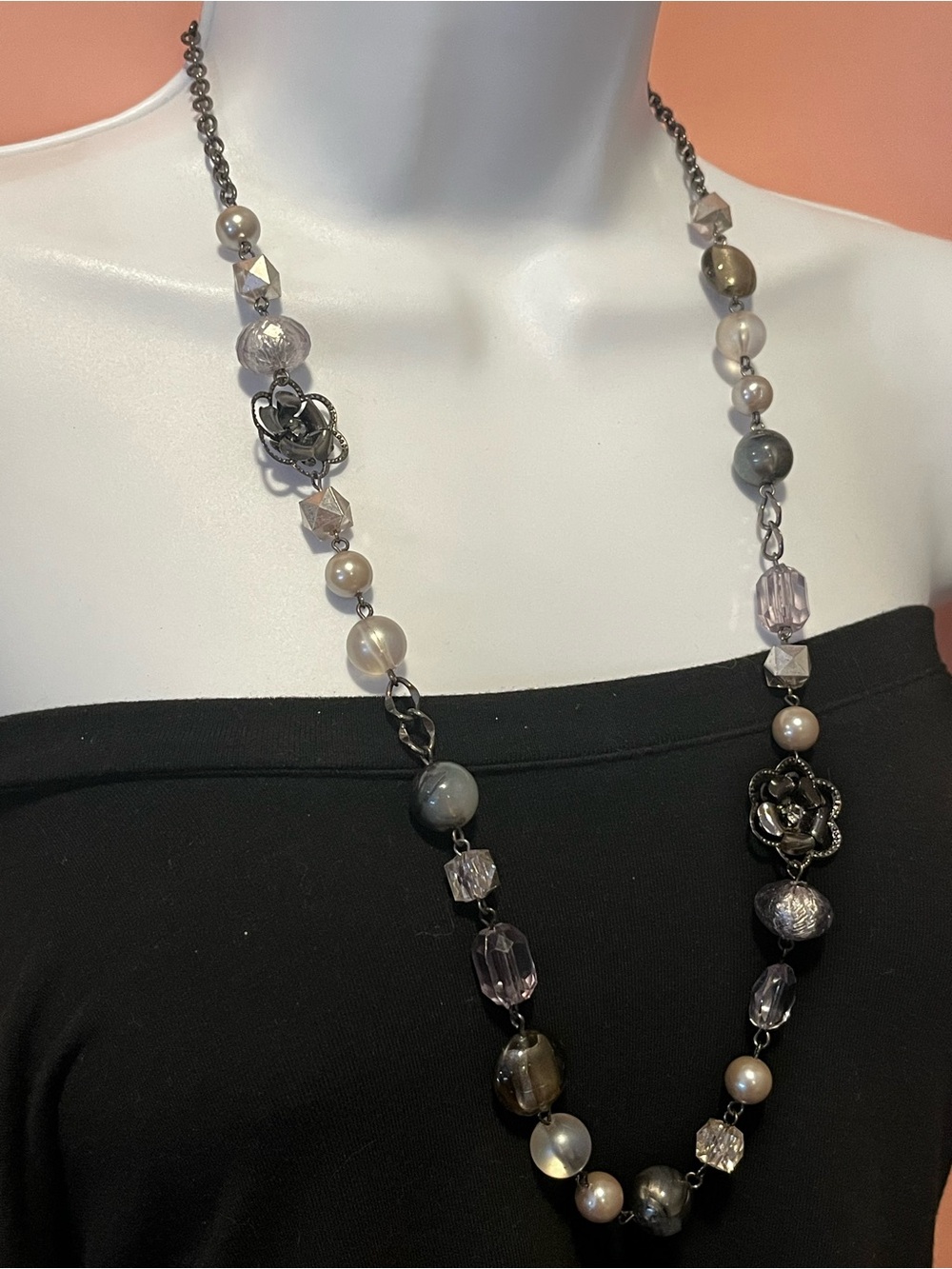 Elegant Gray & Pearl Long Necklace with Rose Accents